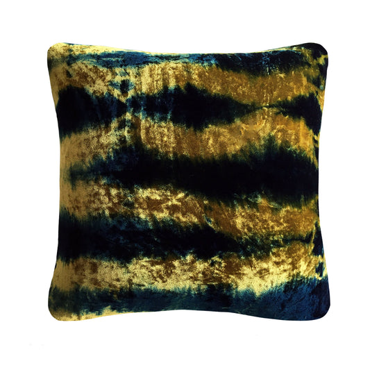 Hand Dyed Silk Velvet Pillow, Gold & Indigo Pleat