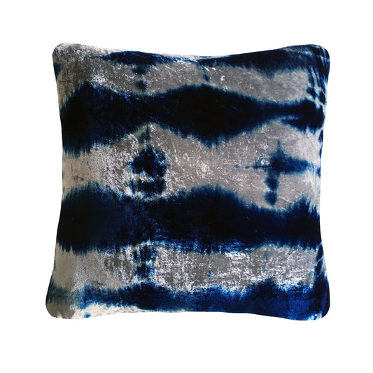 Hand Dyed Silk Velvet Pillow, Silver Gray & Indigo Pleat