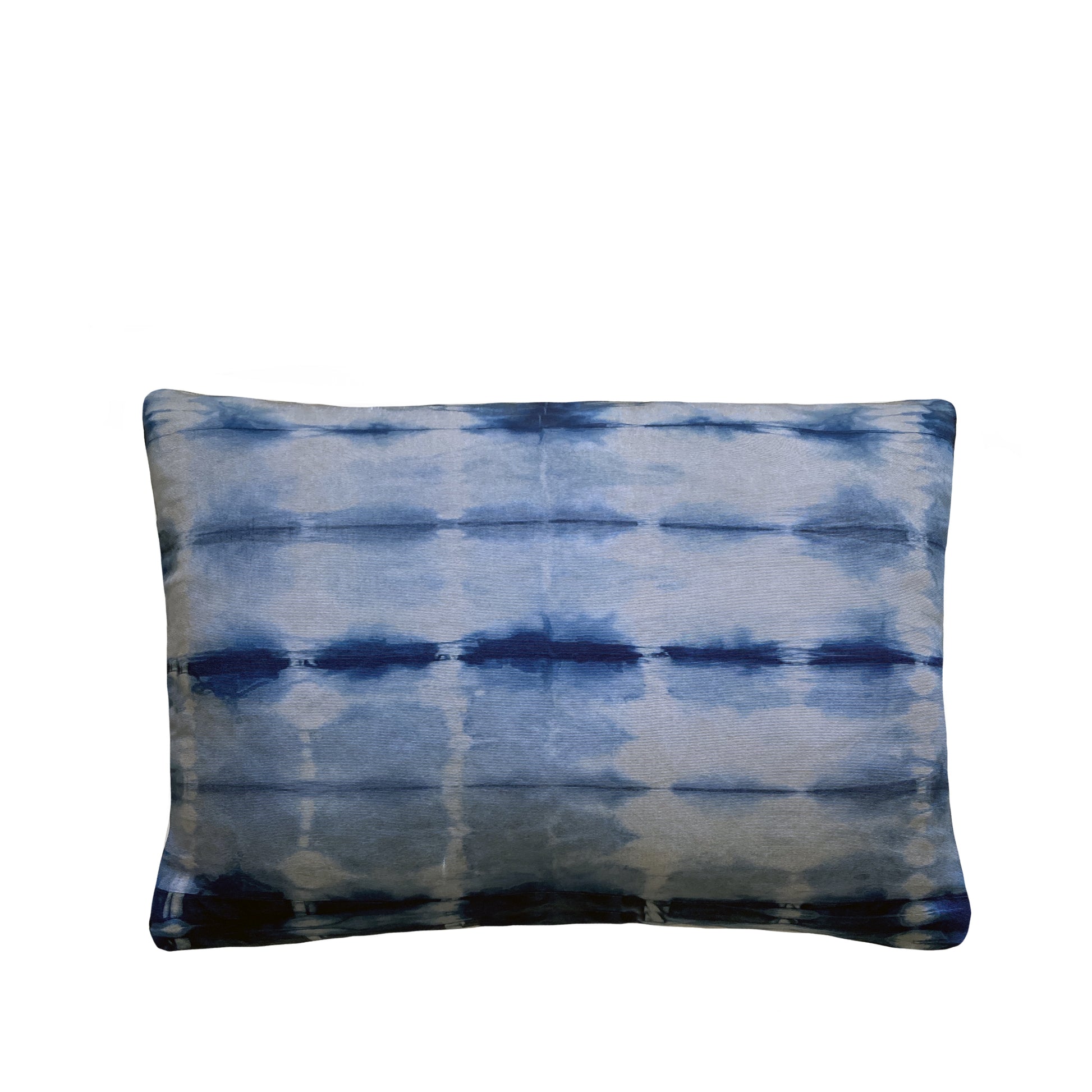 Silver gray silk pillow dyed with indigo, in abstract dash pattern.