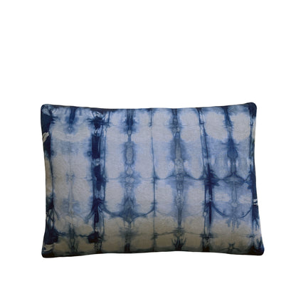Silver gray silk pillow dyed with indigo, in abstract ripple pattern.