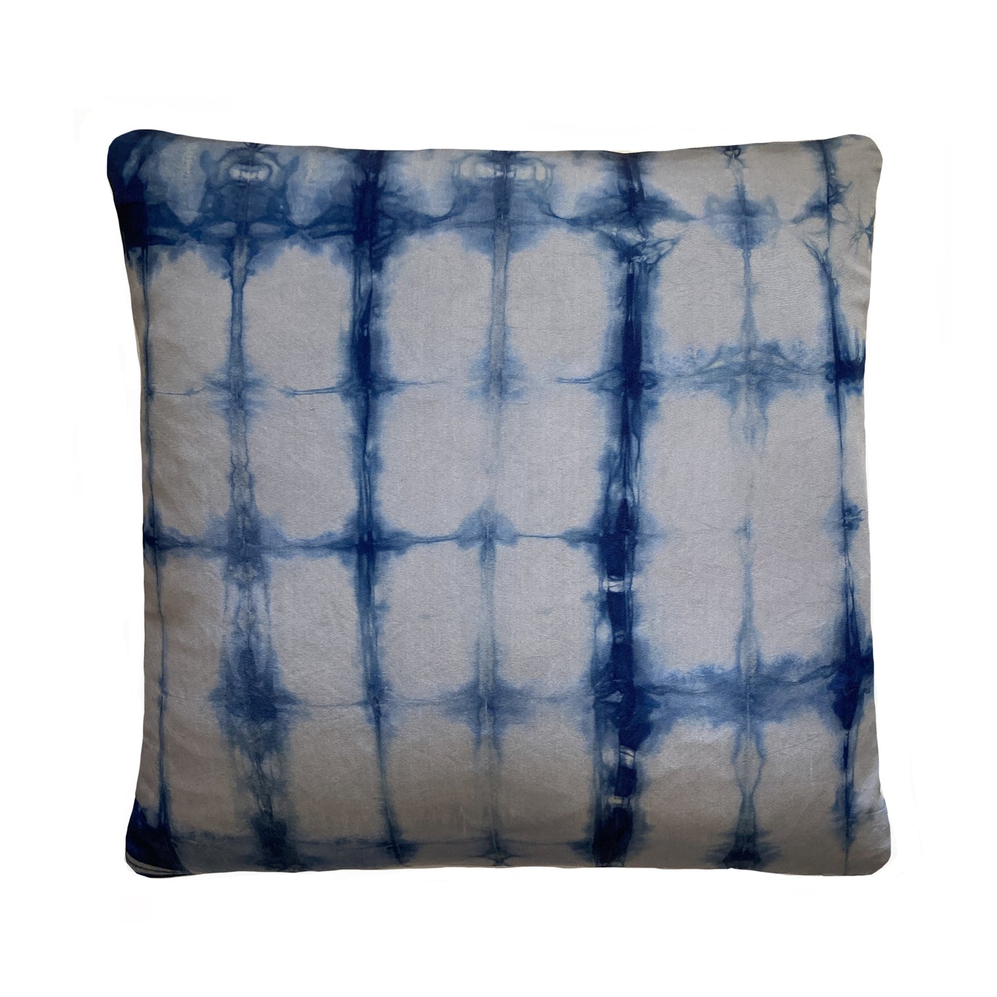 Hand Dyed Silk Pillow, Silver Gray & Indigo Grid